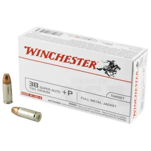 WINCHESTER USA 38 Super +P 130gr Full Metal Jacket Brass Ammunition | 50 Rounds