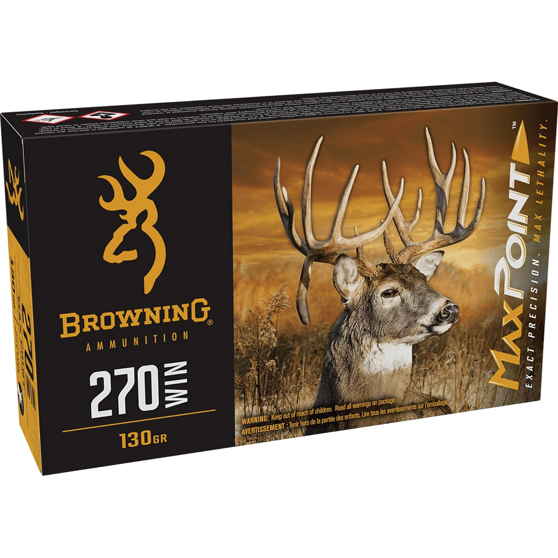 Browning Ammunition Max Point .270 Winchester 130 gr PT 20rds Rifle Ammo for Precision and Reliability - B192102702