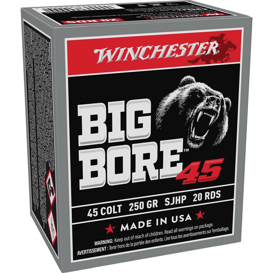 Winchester Ammunition Big Bore .45 Colt 250 gr SJHP 20rds Handgun Ammo for Superior Knockdown Force - X45CBB