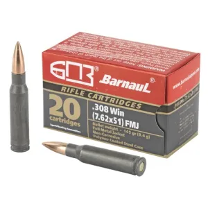 BARNAUL AMMO 308 Win 145gr FMJ Brass Polycoated Steel Case 20rd