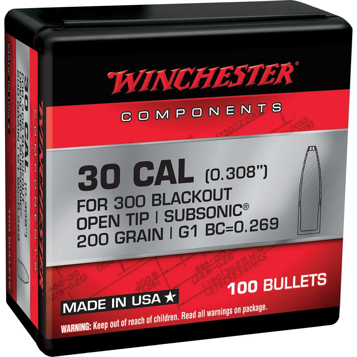Winchester Components .300 AAC Blackout Subsonic 200gr 0.308" OTM Bullets, 100rds- WB300B200X