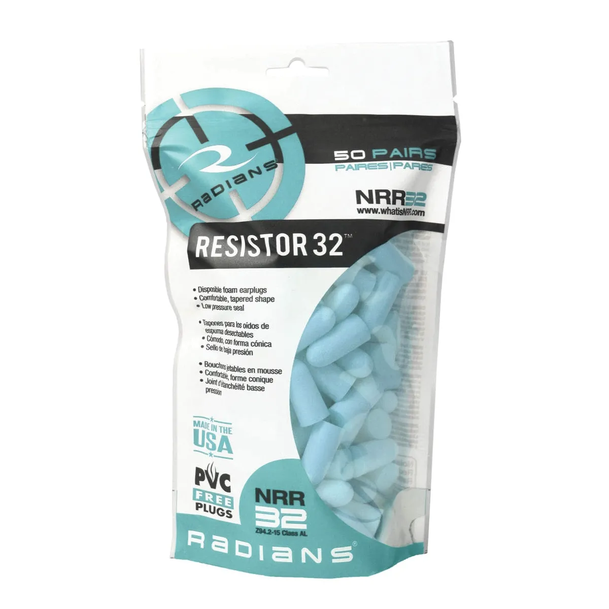 Radians Resistor Foam Earplugs Aqua Blue 32dB 50-Pair