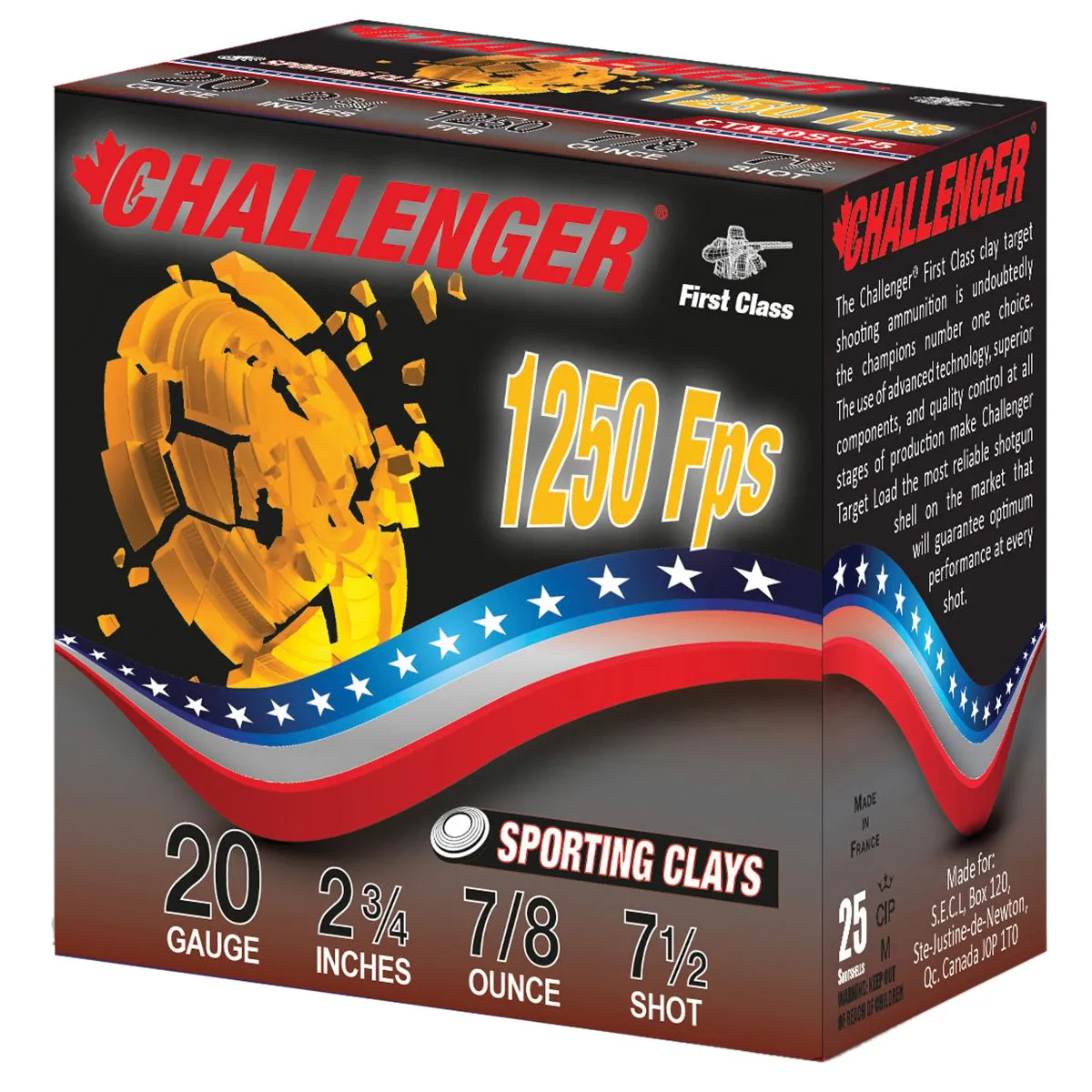 Challenger First Class Sporting Clay 20 Gauge 2-3/4" #7.5 7/8 Ounce 250rds Case