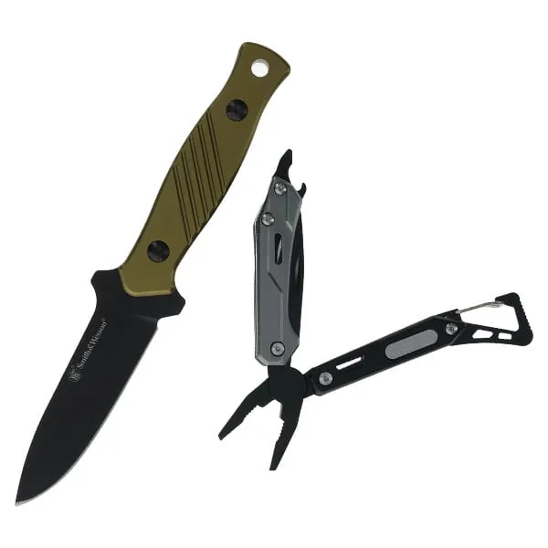 Smith & Wesson Fixed Blade Drop Point Knife w/ Multi Tool Combo, OD Green - 1259507
