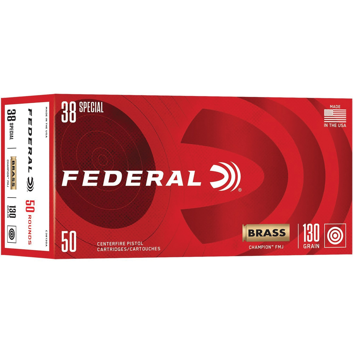 Federal Champion .38 Special 130 gr FMJ 50rds Handgun Ammo for Dependable Target Practice - C38130A