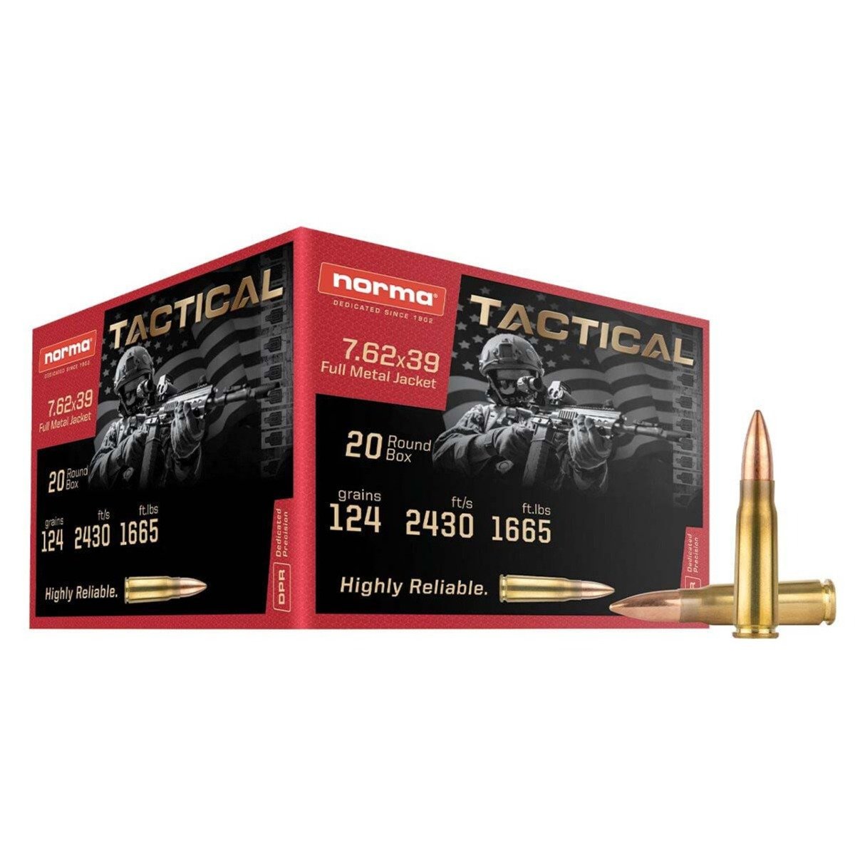 Norma Tactical 124 gr FMJ 7.62x39 Ammunition, 20 Rounds - 295540020