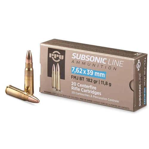 PRVI Partizan 182 Grain FMJ Subsonic 7.62x39 Ammo, 20rd/box - PPS76239