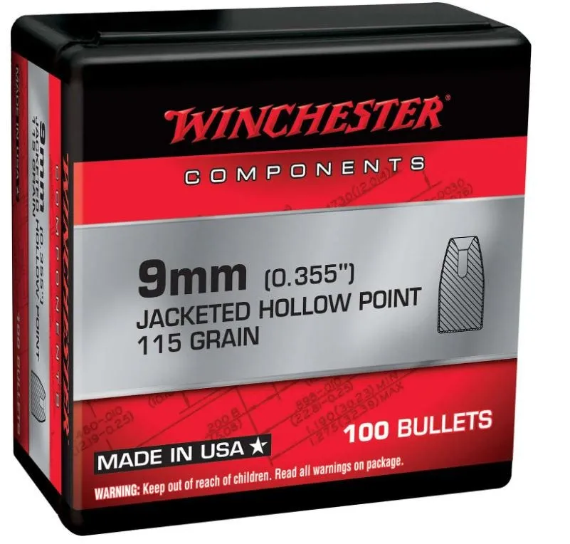 Winchester Reloading Bullets 9MM 115 Grain JHP 100 Rounds