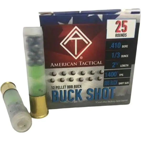 American Tactical Shotgun Ammunition Buck .410 GA-2.5 BBB Shot 1/3 oz 25-Rounds