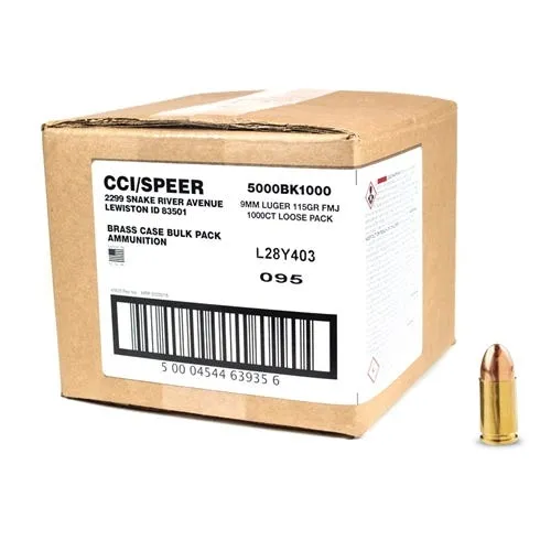 CCI Ammunition Blazer Brass 9mm 115-Grain 1000-Rounds FMJ Bulk Case