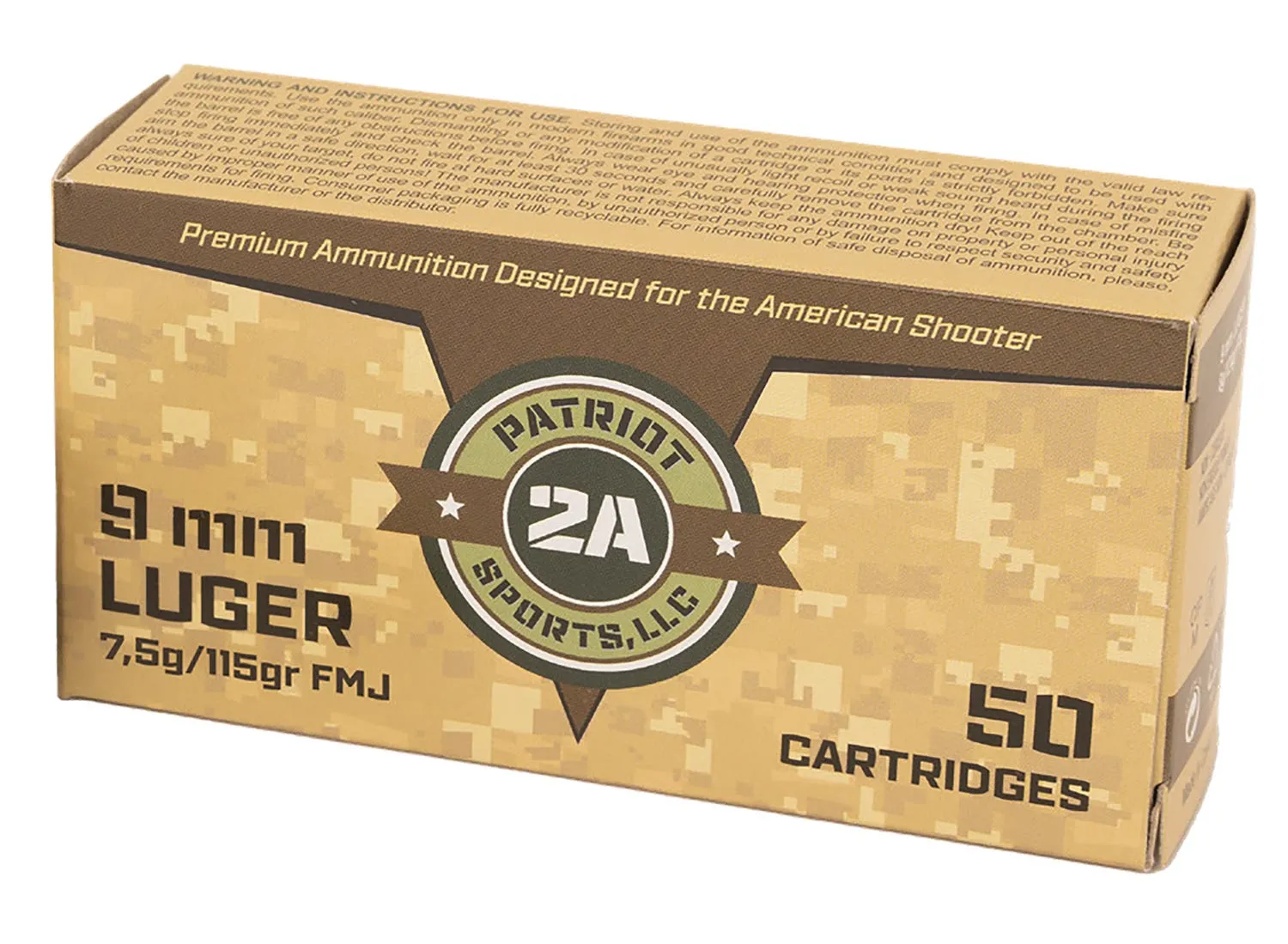 Patriot Sports Handgun Ammunition 9mm 115 Grain 50-Rounds FMJ