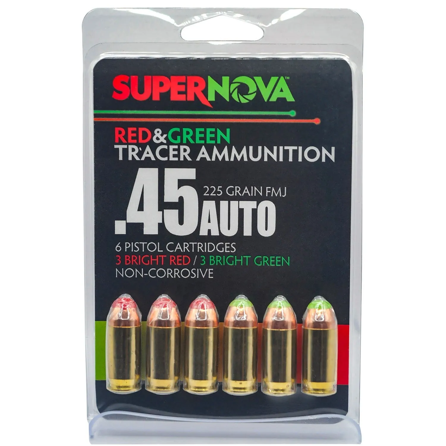 Supernova Handgun Ammunition Green/Red Tracer .45 ACP 225 Grain 6-Rounds FMJ