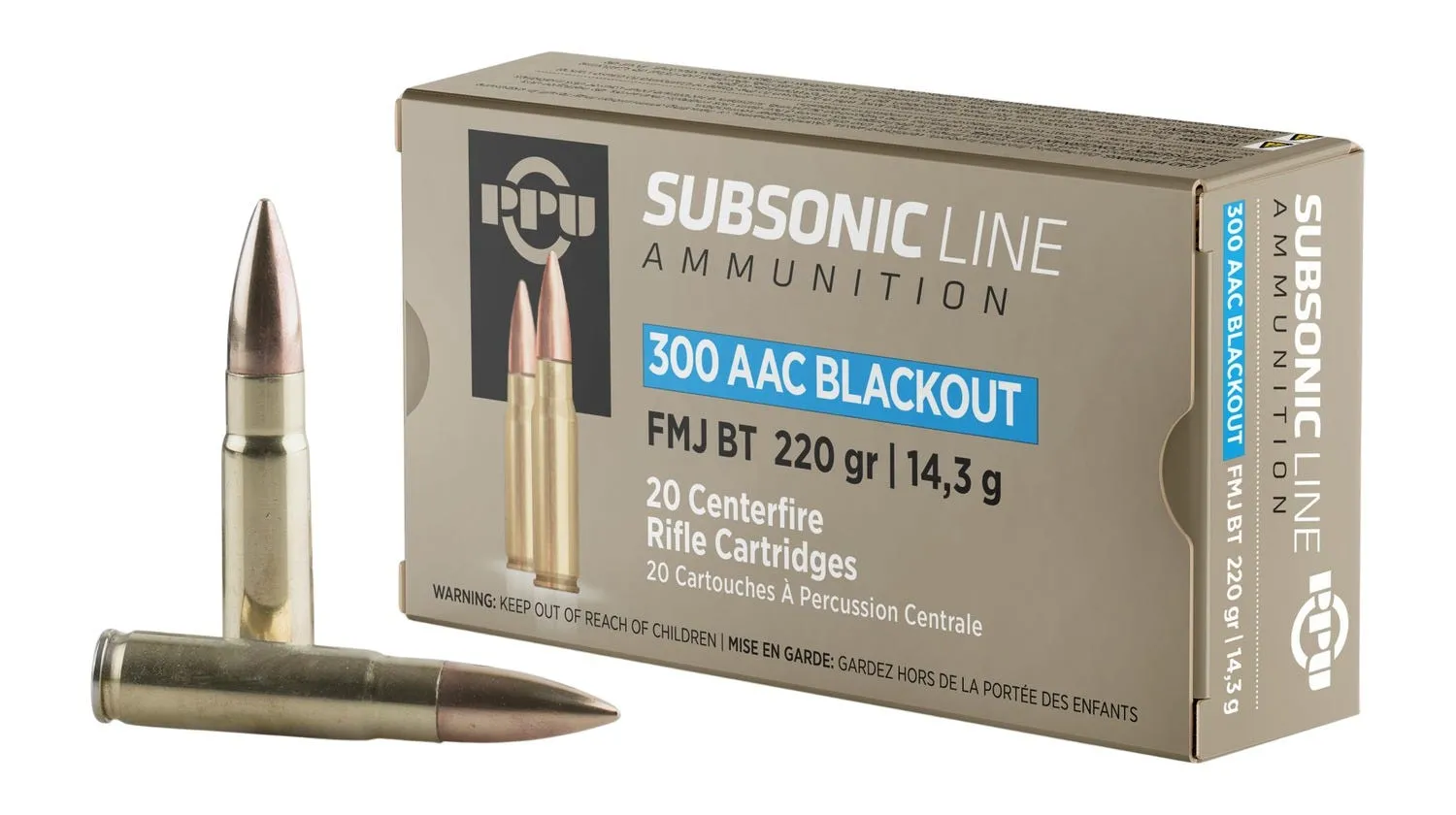 PPU Rifle Ammunition Subsonic .300 AAC Blackout 220 Grain 20-Rounds FMJBT