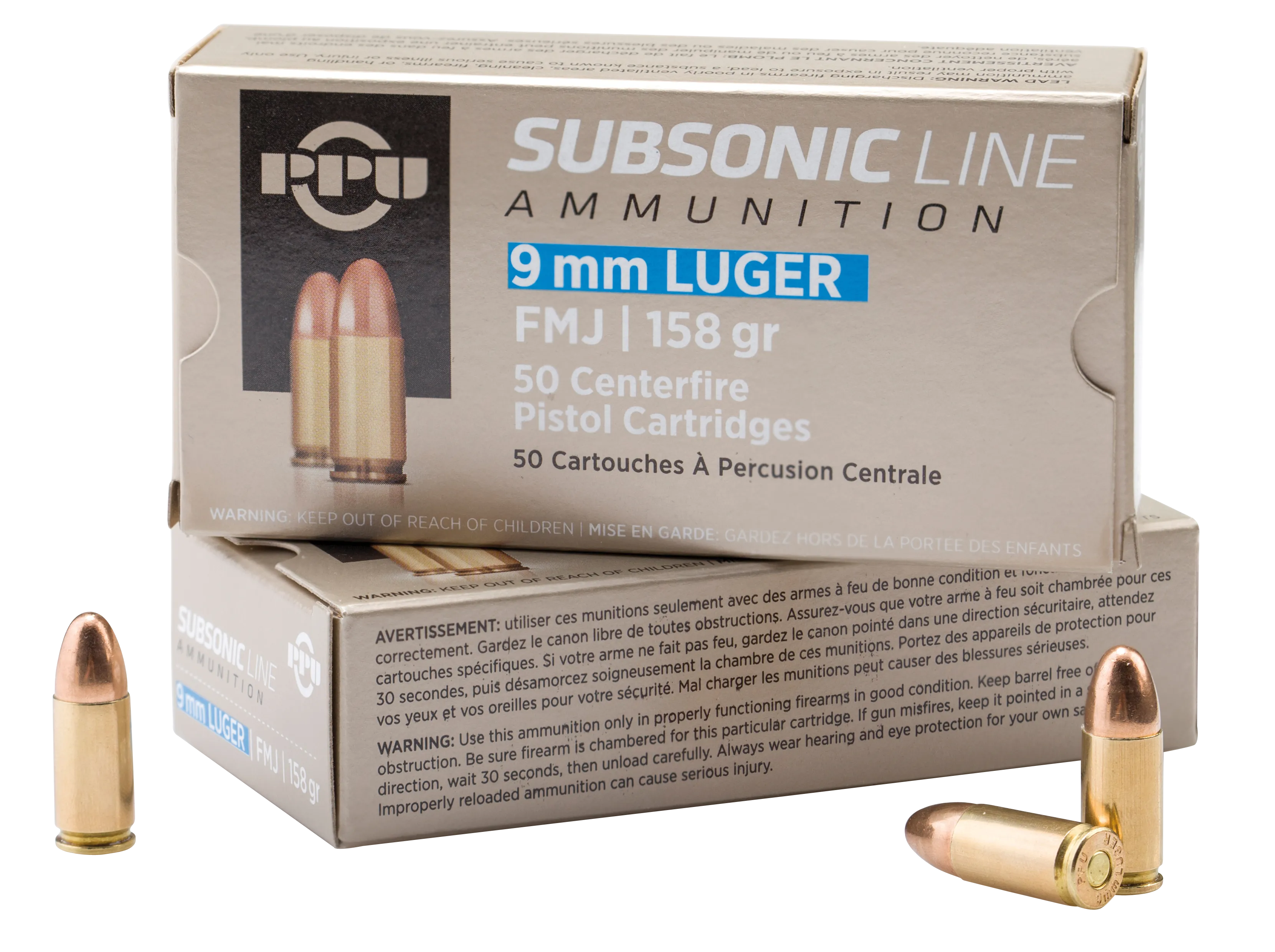 PPU Subsonic 9mm 158 Grain 50-Rounds FMJ