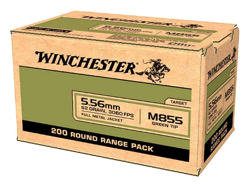 Winchester USA Green Tip Brass 5.56 NATO 62-Grains 200-Rounds Full Metal Jacket